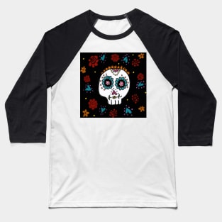 Sugar Skull and Roses black background Baseball T-Shirt